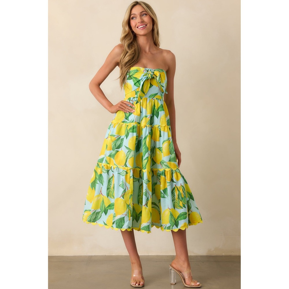 PROSPERINA Elena lemon print linen blend midi dress Size S removable straps